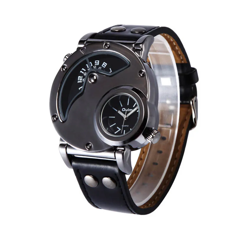 

Oulm 9591 Luxury Men's Military Sport quartz Wrist Watch Leather Band Dual Movt Round Shaped
