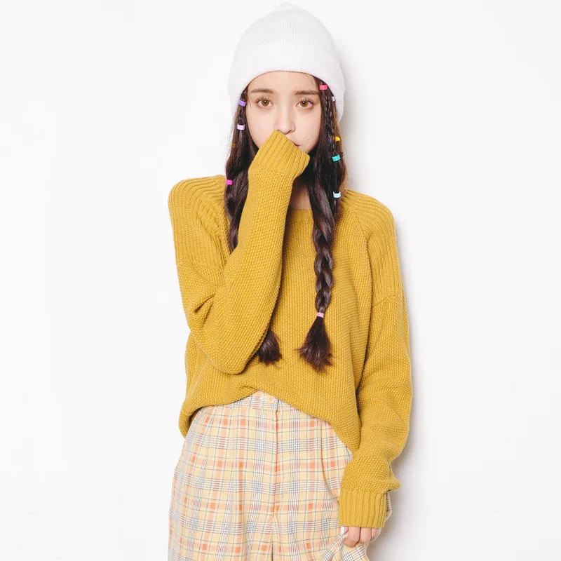 На осень-зиму с длинным рукавом Твердые вязаный свитер в Корейском стиле