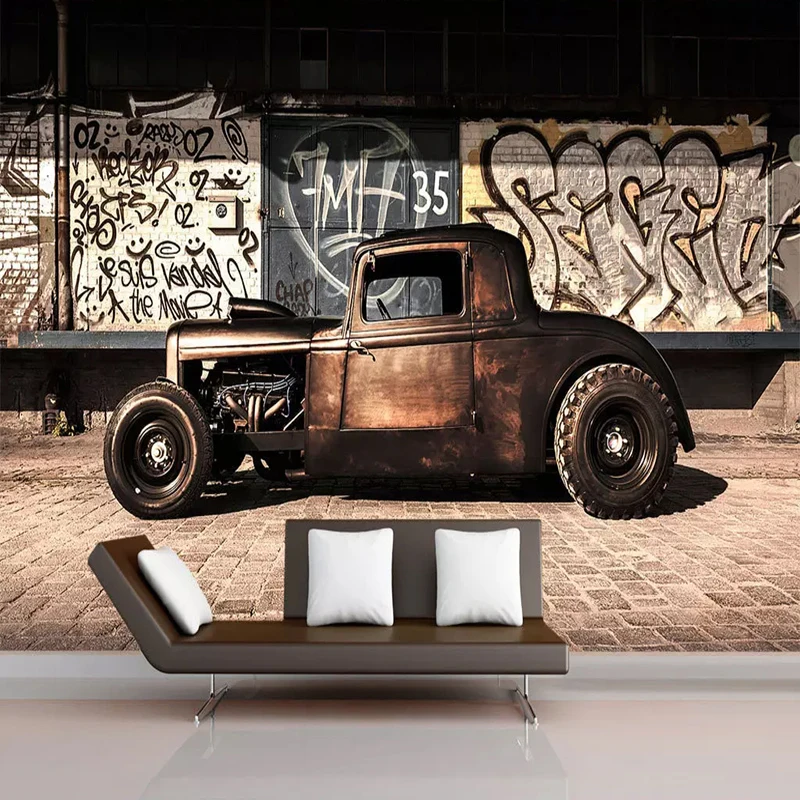 Papel de Parede com Foto Personalizada 3d Grafite Retrô Lar Carro Antigo Mural Restaurante Café Sala de Estar Fundo Parede 3d