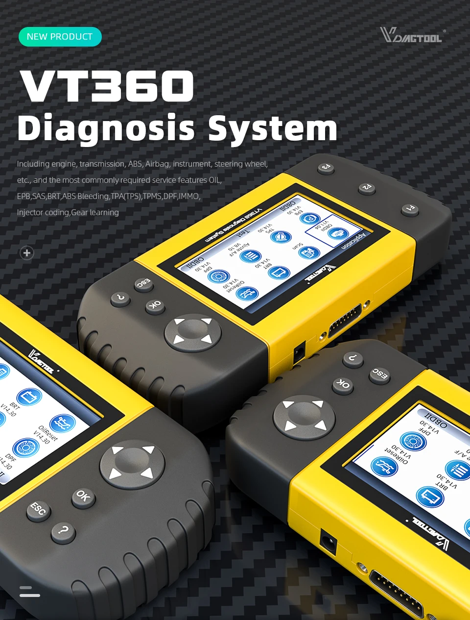 VDIAGTOOL VT360 OBDII Автомобильный диагностический инструмент ABS подушка безопасности SAS BRT EPB DPF TPA TPMS Immo сброс масла инжектор OBD2 автомобильный сканер