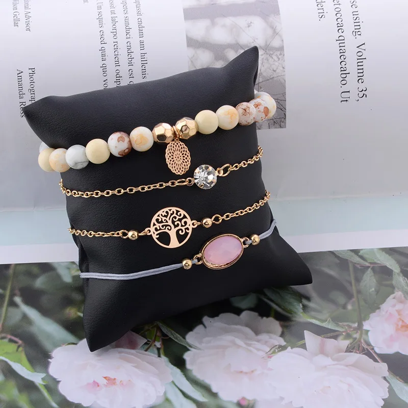 2019 Fashion jewelry weave rope chain pink crystal beaded tree 4 pieces set bracelets for women bangle party accessories gifts | Украшения