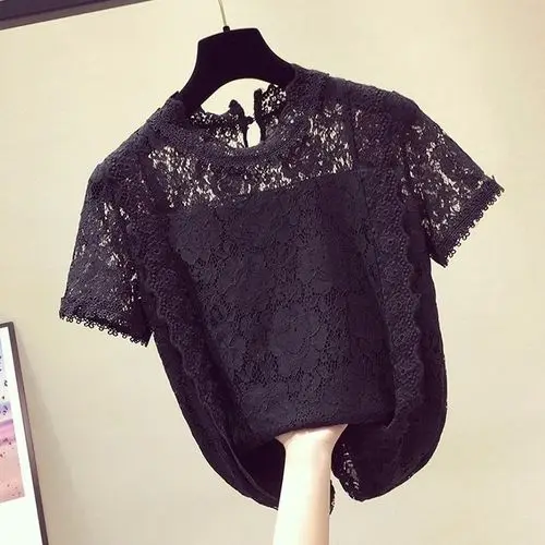black blouse Woherb элегантное, цветочное, кружевное блузка рубашка Для женщин в Корейском стиле, модный короткий рукав Белая Блузка Летняя Открытая блуза - Цвет: black blouse