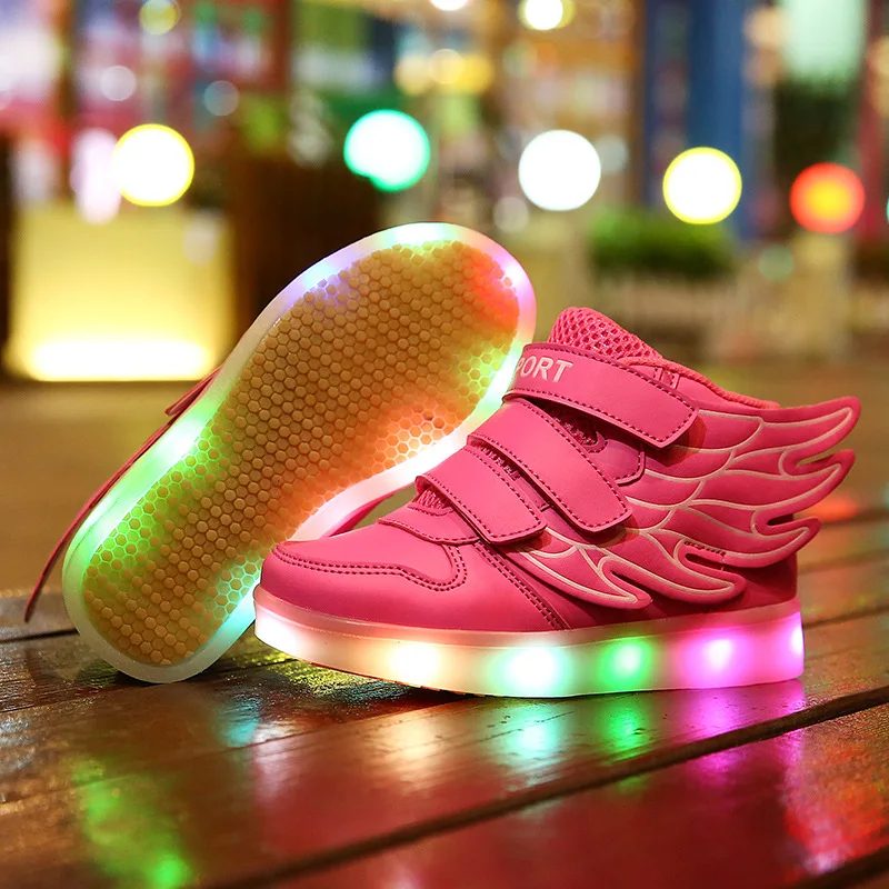 2016 luminous LED light children sneakers boys girls shoes pu leather high top fashion wings kids casual sport | Детская одежда и