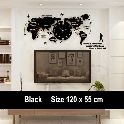 A 120x55cm Карта мира большие настенные часы современный дизайн 3D наклейки Подвесные часы светящиеся в темноте уникальные часы настенные часы домашний декор бесшумные - Цвет: A 120x55cm
