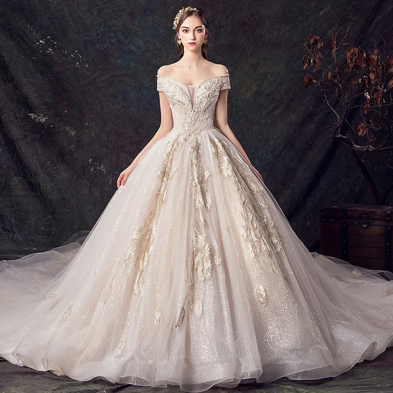 SSYFashion Новое высококачественное свадебное платье для невесты роскошное платье с вырезом лодочкой Seuqins с бисером свадебное платье со шлейфом на заказ Vestido De Novia