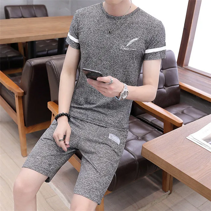 B03 gray Мужская спортивная одежда с коротким рукавом комплект одежды спортивный костюм Лето Новая мода с круглым вырезом с буквенным принтом искусственный лед женский Шелковый костюм для дома для мужчин - Цвет: B03 gray