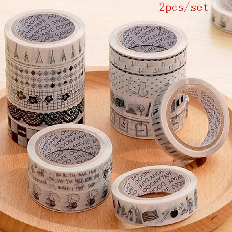

2pcs/set DIY Adhesive Tape Decorative Masking Tape Scrapbooking Cartoon Adhesive Tape Black and White 15mm*10m