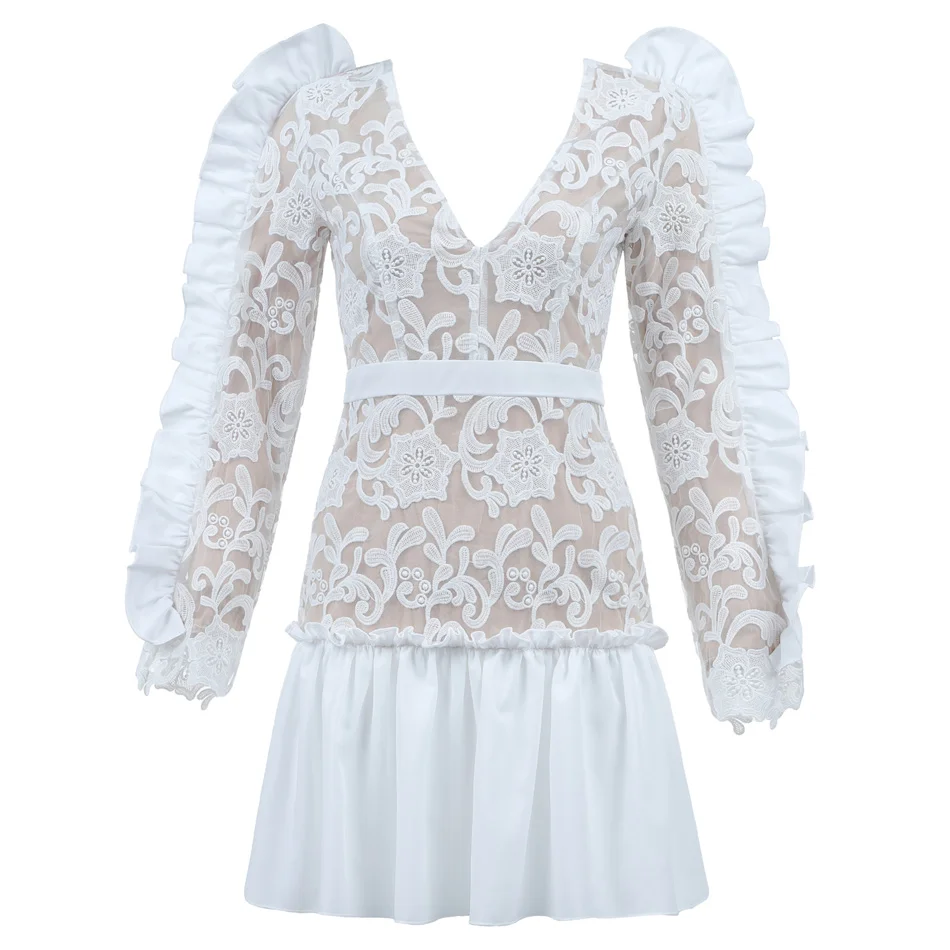 Романтичное женское Сетчатое платье с оборками и вышивкой Vestidos длинным рукавом v