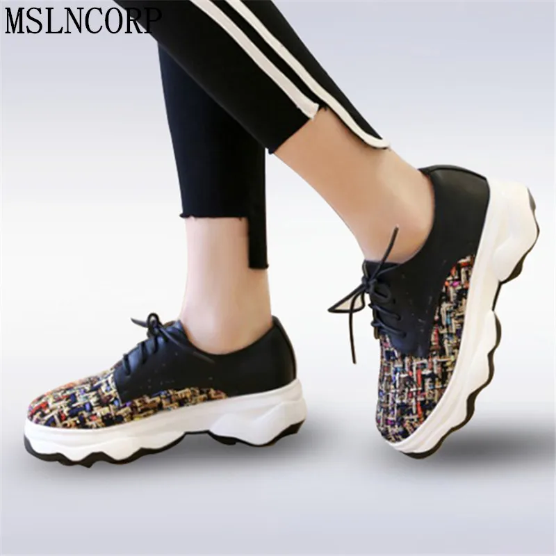 

Size 34-43 Mixed Colors Tweed Shoes Women Black-White Platform Lace Up Casual Shoes Flats Comfortable Chaussure Femme Zapatos