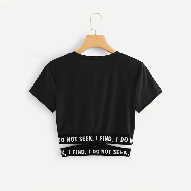 Dotfashion контрастный слоган крест-накрест Талия тройник Лето круглый вырез короткий рукав Топ для женщин Асимметричная футболка