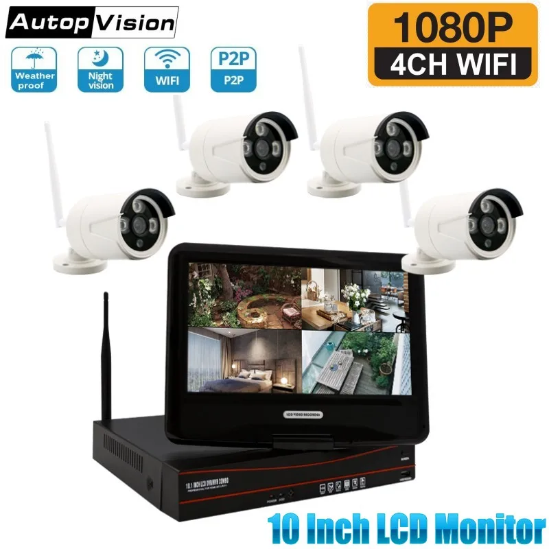 Камера видеонаблюдения водонепроницаемая 10 дюймов 4 канала 1080P Wi Fi NVR 2 МП P2P