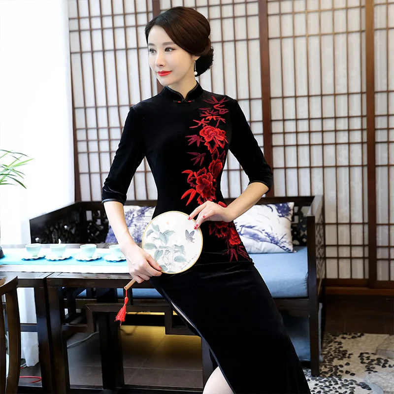 Женское велюровое платье Ципао длинное ручной работы на кнопках Размеры M L XL XXL XXXL