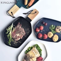 kinglang 1pcs matte glaze ceramic plate with wooden handle nordic steak dessert plate dish meal home kitchen display tray