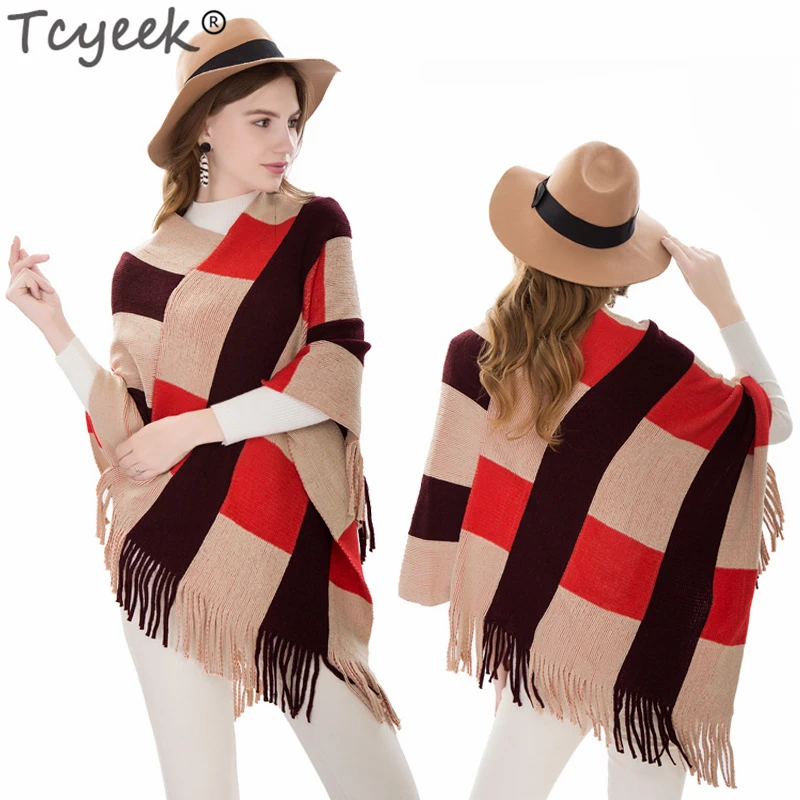 

Tcyeek Autumn Winter Tassel Knitted Sweater Fashion Women Capes + Ponchoes Long Sleeve Solid Color Pullovers Female Poncho LW907