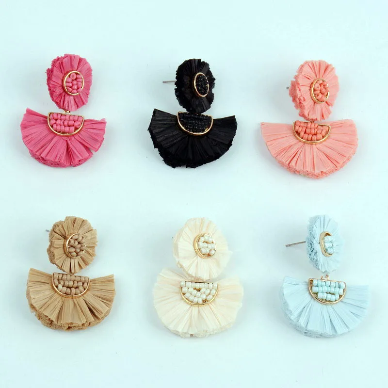 2018 богемные серьги гвоздики ручной работы модные из бисера и рафии с кисточками