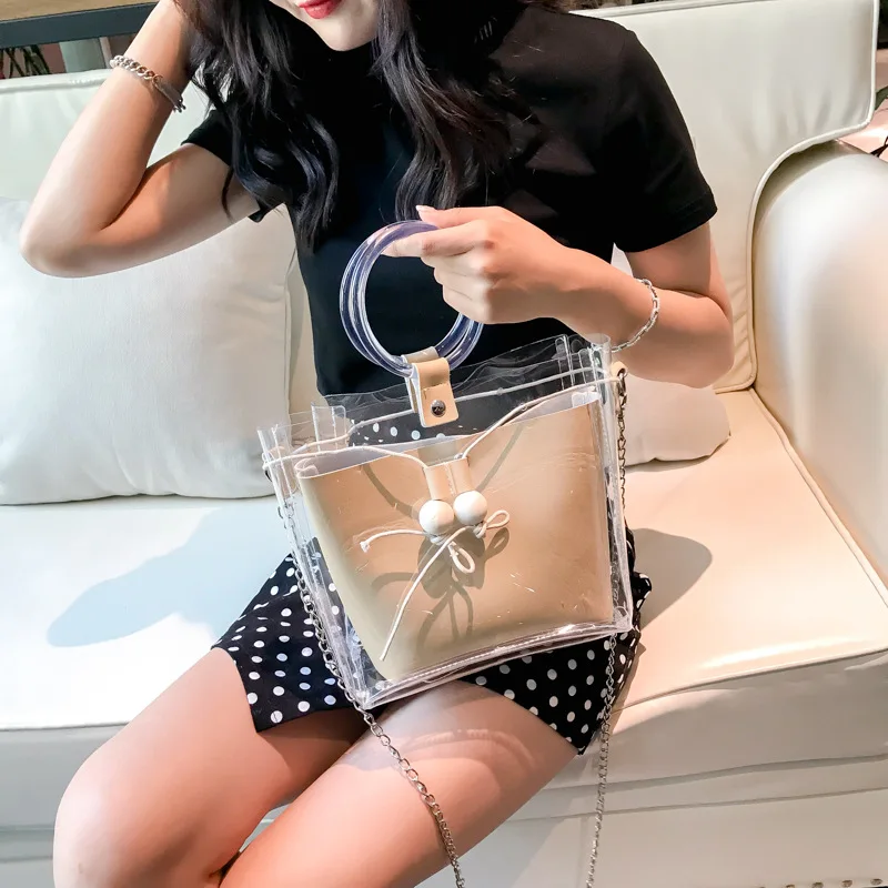 Прозрачный Drawstring девушки милые композитный мешок модные женские туфли Брендовые