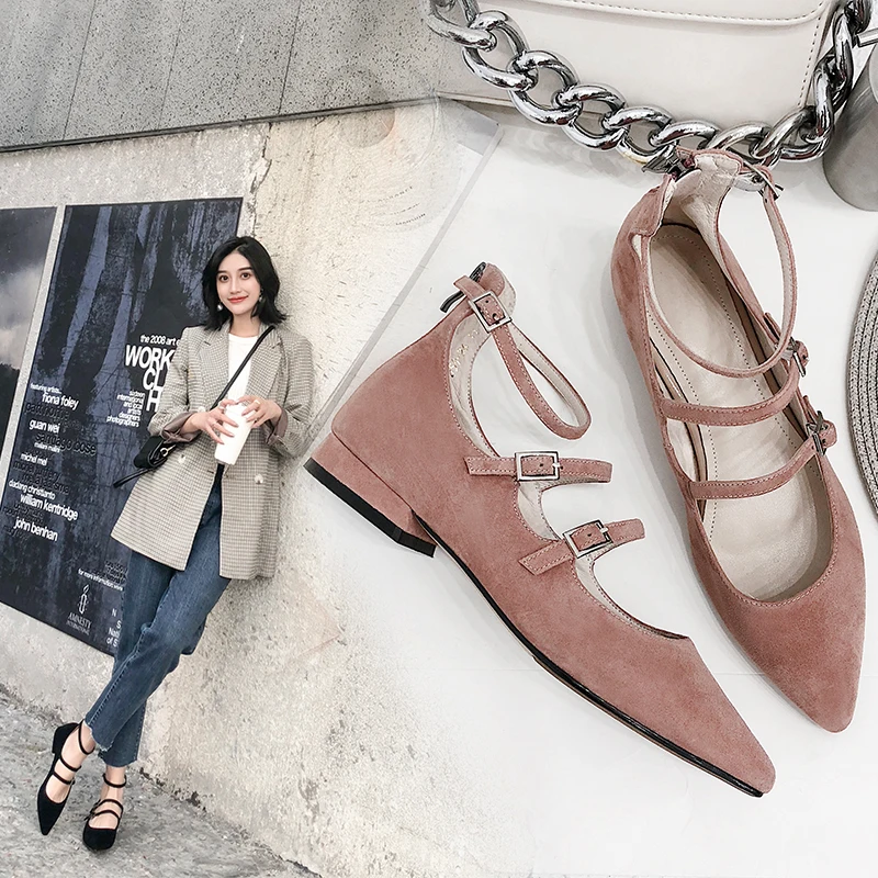 

Flat shoes pointed buckle sheep anti-velvet matte shallow mouth ladies single shoes Mary Jane spring women's shoes
