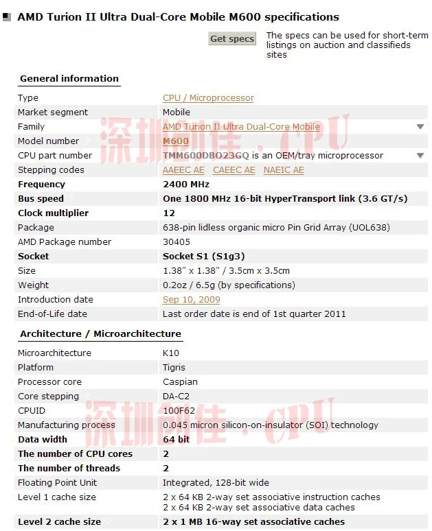 AMD Turion II Ультра двухъядерный мобильный M600 TMM600DBO23GQ 2,4G 2M M620 cpu latop процессор