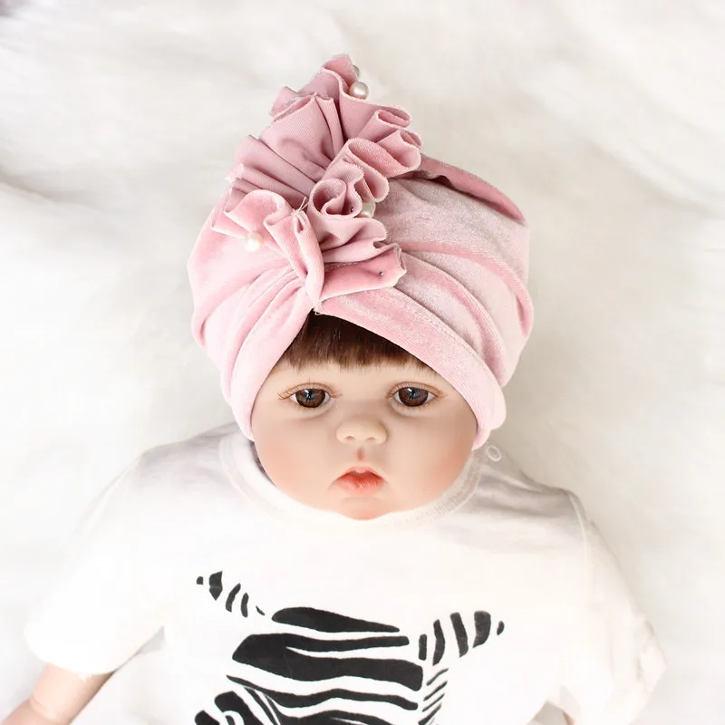 New Velvet Pearl Baby Hat for Girls Autumn Winter Cap Photography Props Elastic Infant Beanie Turban Accessories | Детская одежда и