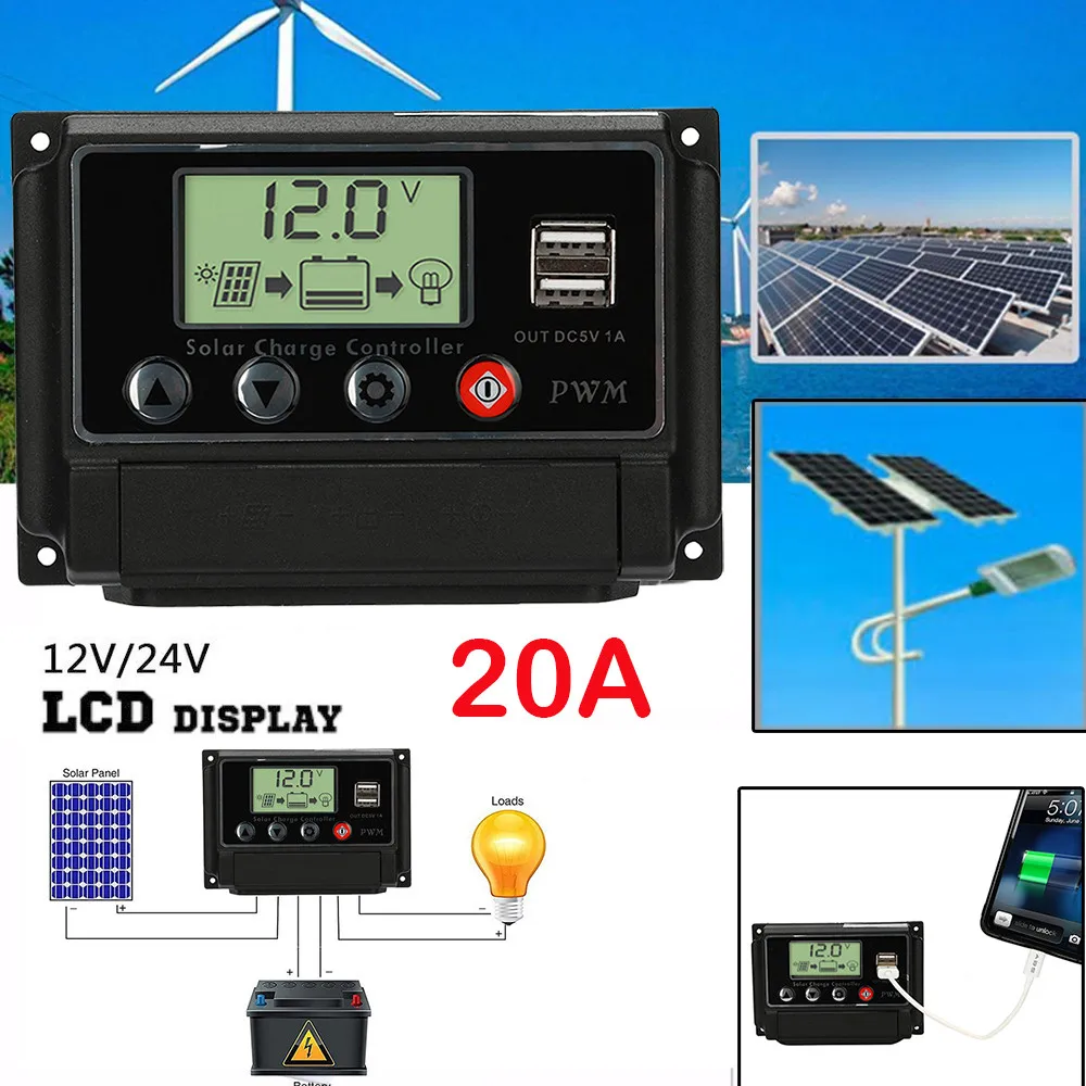 50A/40A/30A/20A/10A 12 В 24 в автоматический Солнечный контроллер заряда PWM контроллеры lcd Dual USB 5 В выход солнечная панель PV регулятор