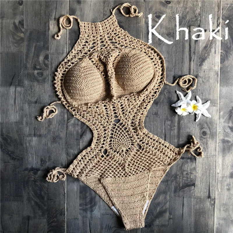 Вязанный крючком Холтер цельный купальник женский сексуальный полый Монокини
