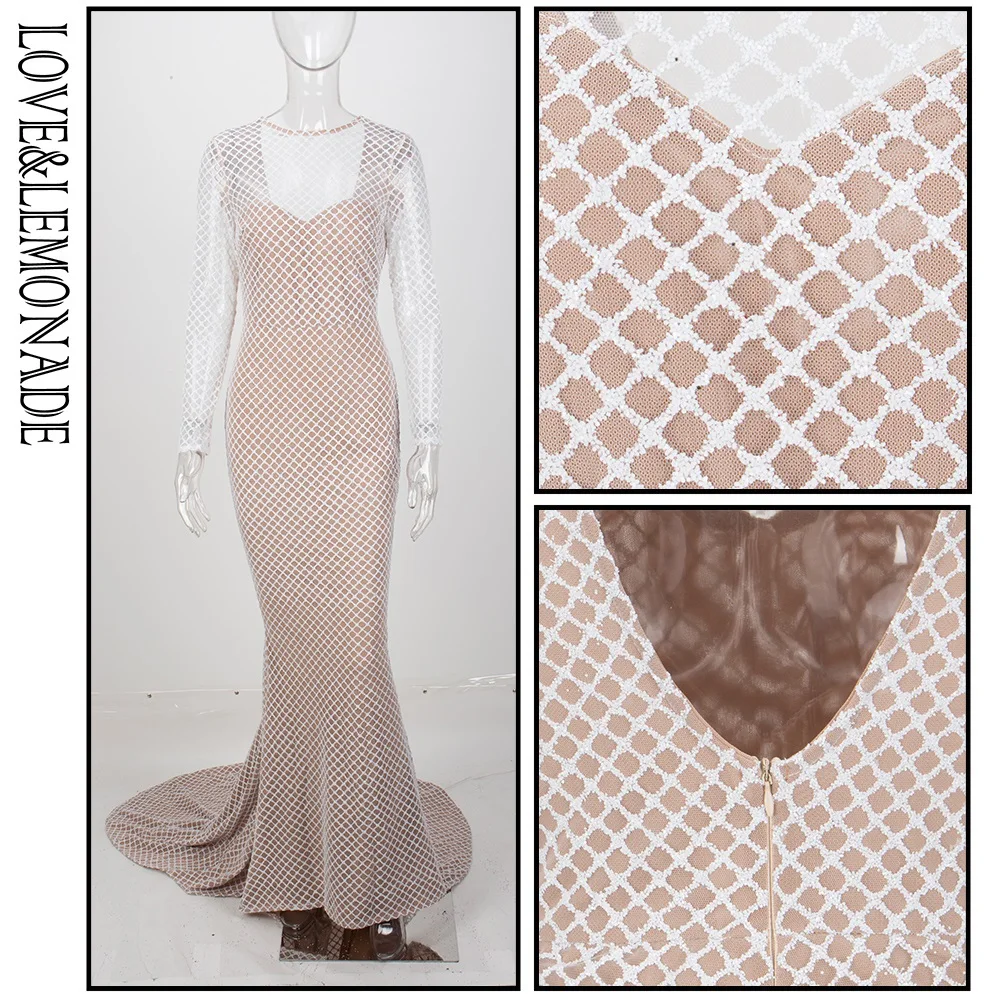 Длинное платье LOVE & LEMONADE белые с длинными рукавами открытой спинкой решетчатые