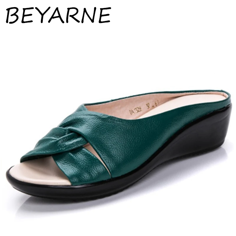 BEYARNE Genuine Leather mother slippers flat comfortable middle-aged soft fashion ladies sandals summer shoes E271 | Обувь