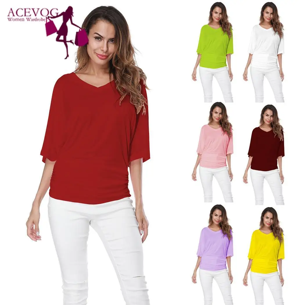 Women Summer Flare Sleeve Casual Loose Short V Neck T-shirt Solid Color Design Fashion Top | Женская одежда