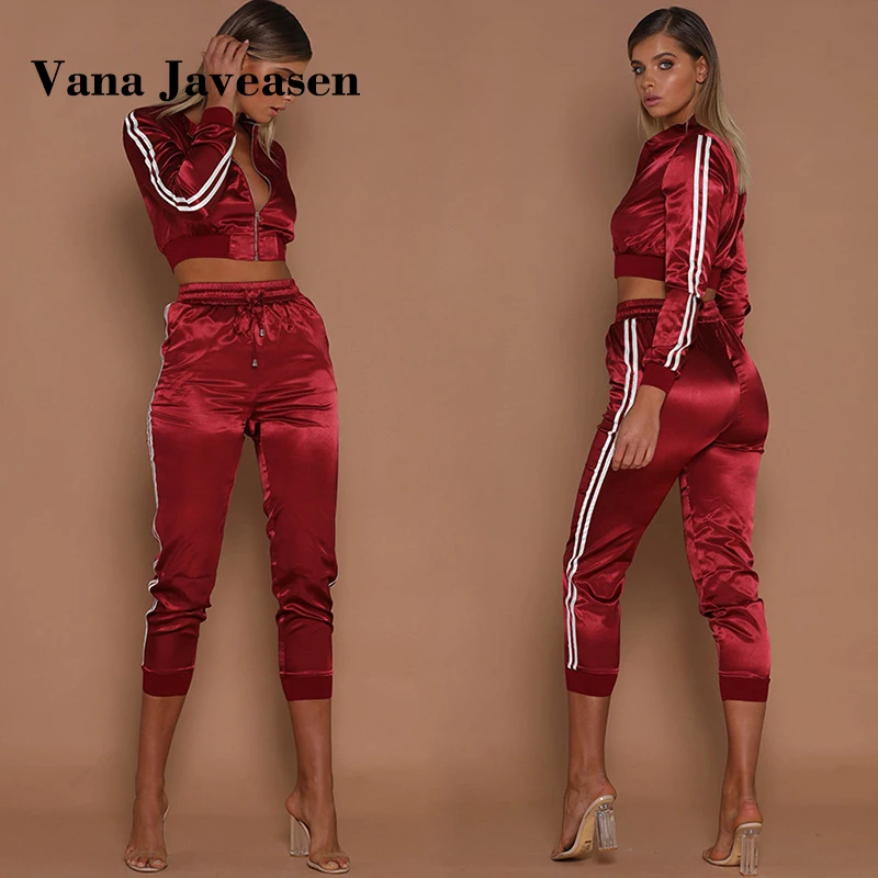 Vana Javeasen Autumn Winter Satin Sets Women Zipper Side Stripe Crop Tops Drawstring Calf Length Pants Sexy Workout Tracksuits |