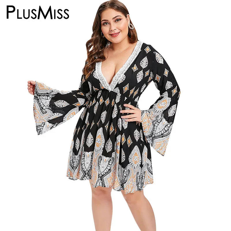 PlusMiss размера плюс 5XL Лето v образный вырез колокол с расклешенными рукавами
