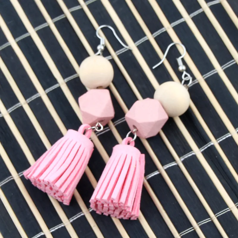 Модные Розовые висячие серьги квадратные и круглые деревянные бусины замшевые