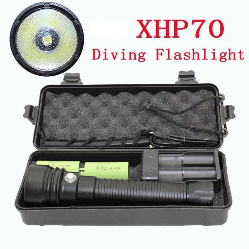 XHP70 Diving Flashlight 4000LM Underwater Torch XHP70.2 LED Waterproof Lamp + 26650 Battery + Charger