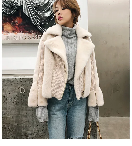 beige color Настоящая норковая Меховая куртка с шерстью дизайнерская на молнии с шерстью сзади с меховыми манжетами воротник костюм повседневное короткое пальто бежевый цвет - Цвет: beige color