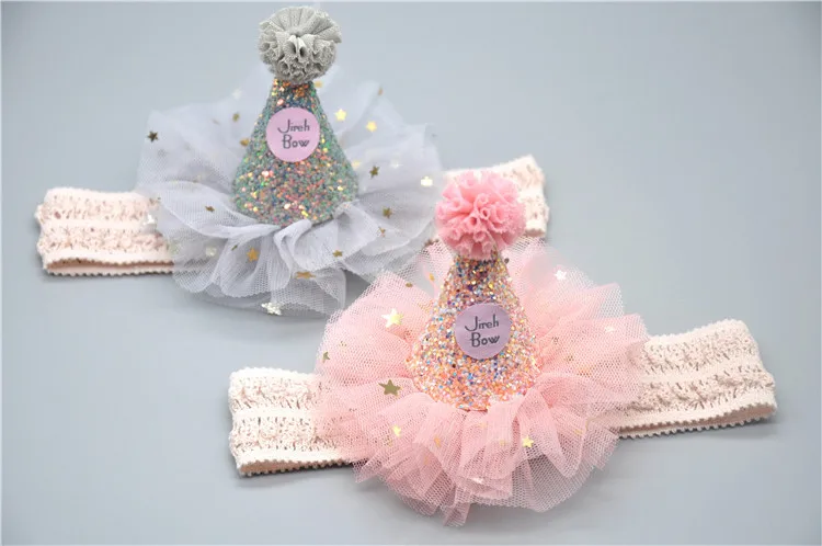 

Boutique 10pcs Fashion Glitter Pom Pom Birthday Hat Headbands Solid Lace Floral Cap Soft Hairbands Princess Hair Accessories