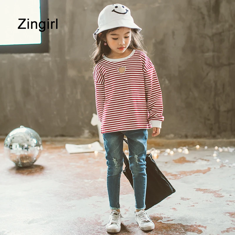 Zingirl New Fashion Brief Striped Girls T-Shirts Casual Loose Hole Patchwork Children's Clothing Soft Breathable O-Neck Tops Tee | Детская