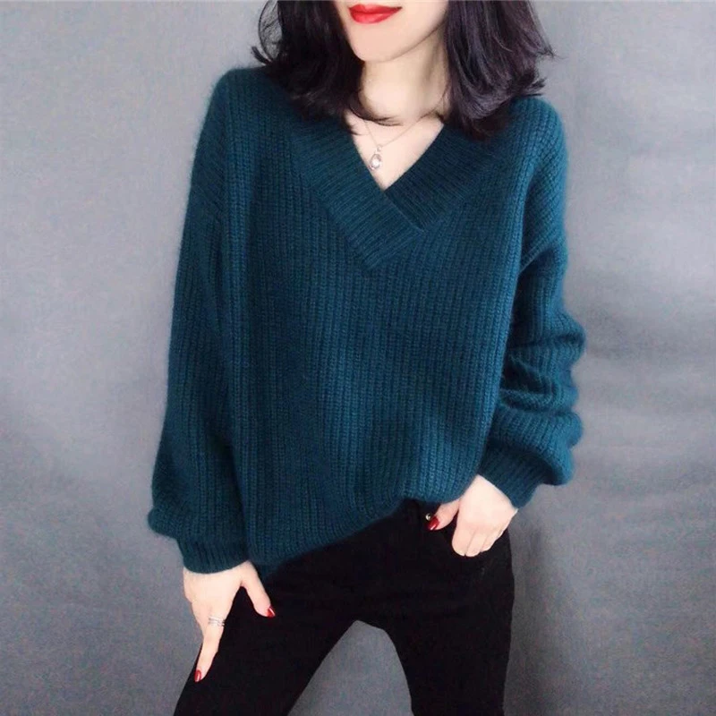 Женский свитер с v-образным вырезом кашемировый свободный джемпер оверсайз на