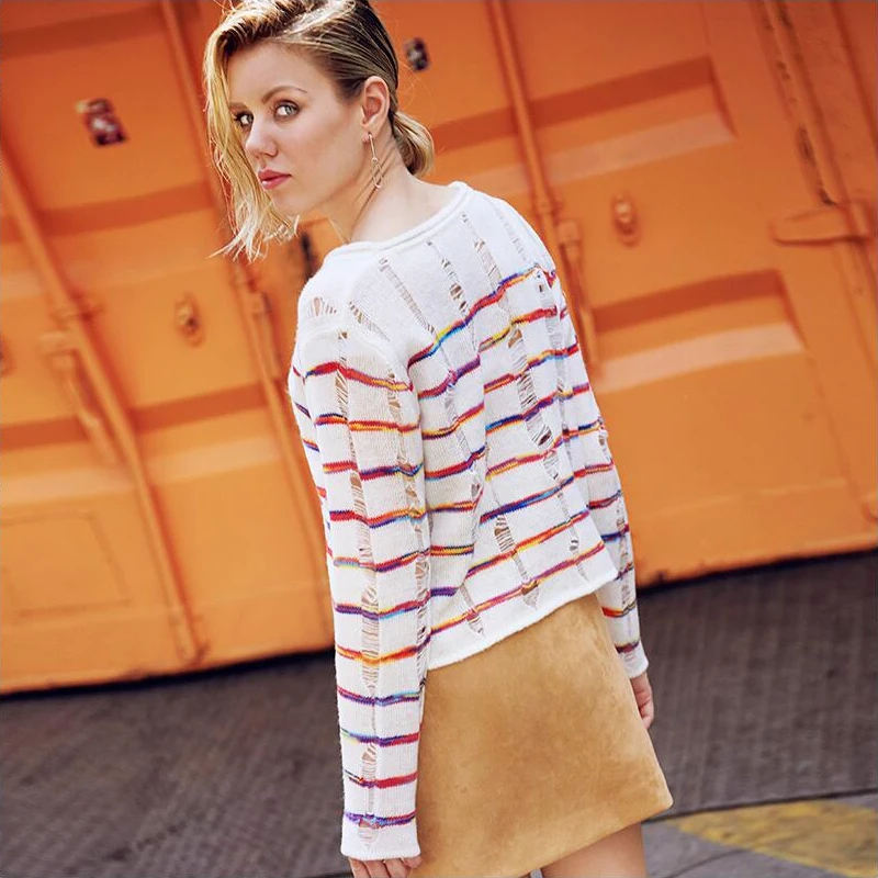 Biutefou осень 2017 г. новый в радужную полоску полые Тонкий свитер с длинным рукавом