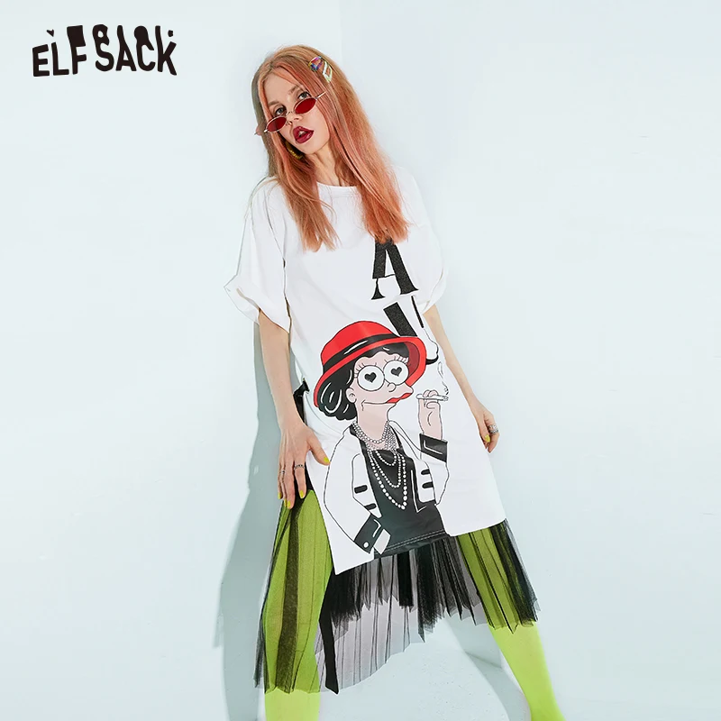ELFSACK Сетчатое лоскутное белое платье на каждый день с мультяшным принтом женские праздничные платья модное женское вечернее платье большого размера с круглым вырезом