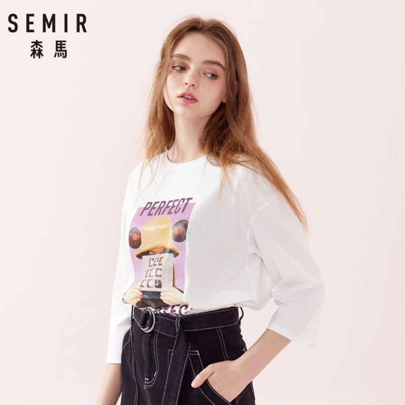 SEMIR Женская футболка из 100% хлопка с рукавом 3/4 и круглым вырезом в стиле ретро со