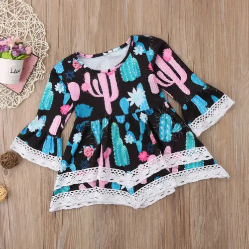 Kids Baby Girl One Piece Cactus Long Sleeve Cotton Lace Casual Dress Enfant Kid Children Girls Print Brief Soft Dresses 2-7T | Детская