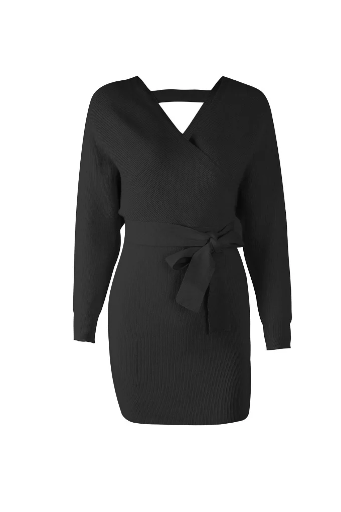 Осенне-зимнее платье, женские сексуальные повседневные длинные свитера с v-образным вырезом, вязаный свитер, джемперы для девушек, пуловер для женщин - Цвет: Черный