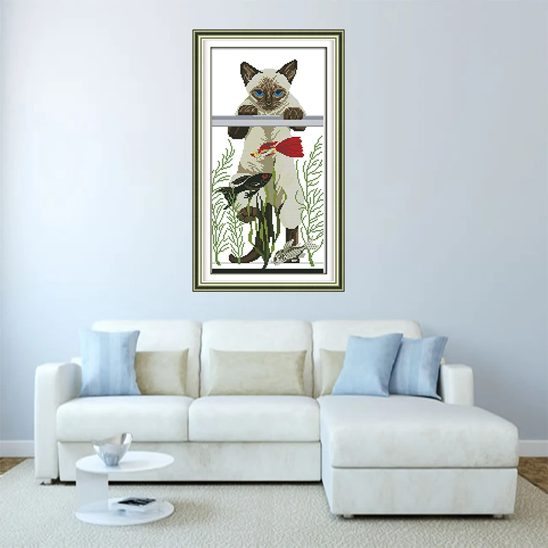Joy Sunday животное кошка узор 11CT 14CT Индия Вышивка крестом Котенок и рыба кошка любимый Континентальный декоративная живопись