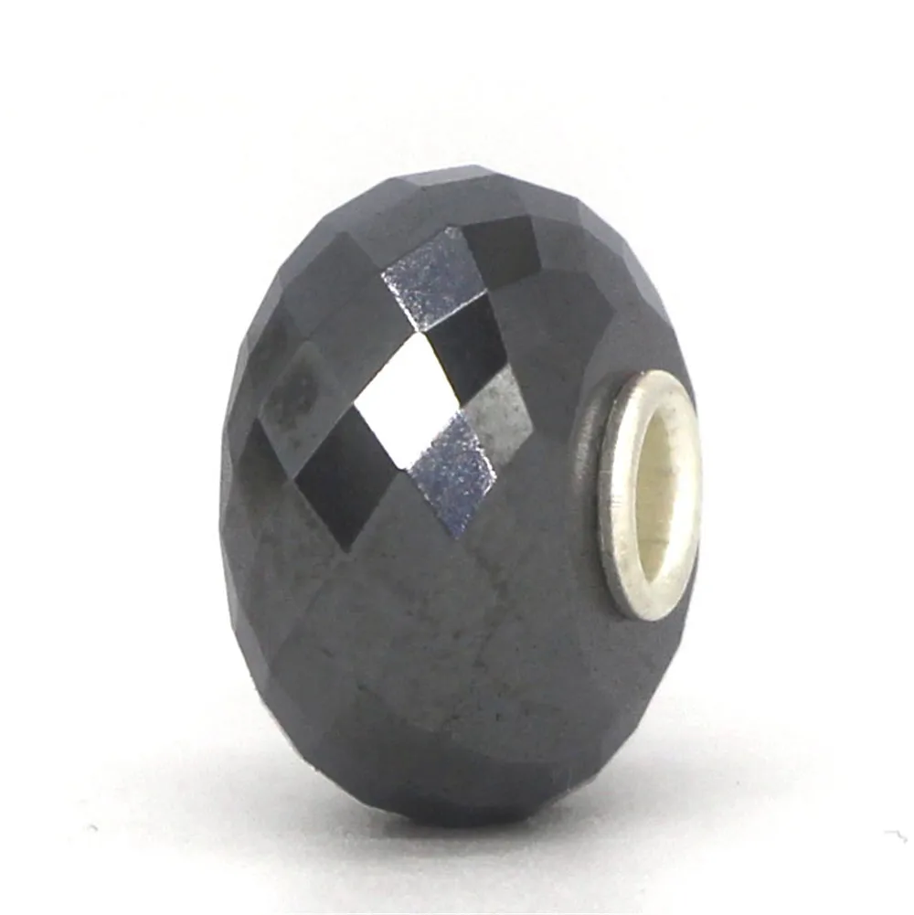 Mistletoe 925 Sterling Silver 3.6mm Core Faceted Natural Steel Hematite Stone Charm Bead Fit European 3.0mm Bracelet Jewelry