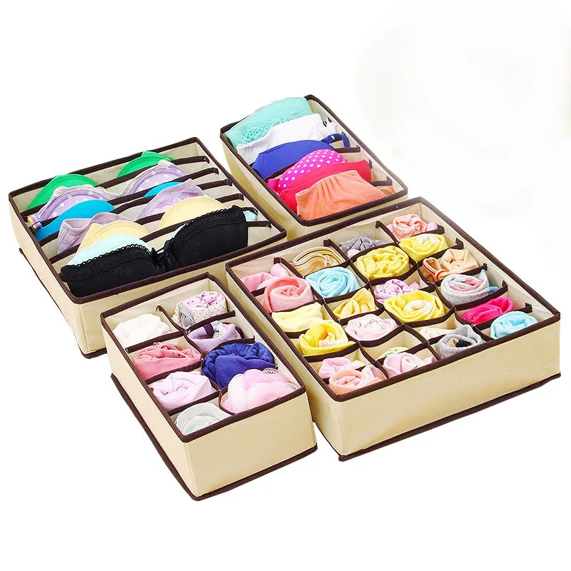 

Woman 4Pc Underwear Bra Storage Box 2 Color Beige/Rose Drawer Cabinet Organizer Underwear Box Scarf Socks Bra