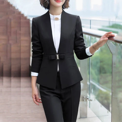 6102 BLACK PANT SET Весенняя тонкая рабочая одежда для женщин, пиджак для брюк, OL Модный деловой блейзер с брюками, набор размера плюс, элегантный офисный деловой костюм для женщин - Цвет: 6102 BLACK PANT SET