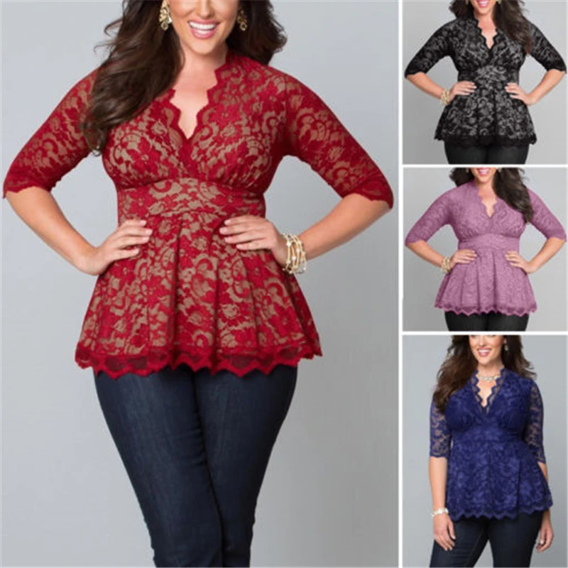 Женская кружевная блузка с полурукавами V образным вырезом и цветочным
