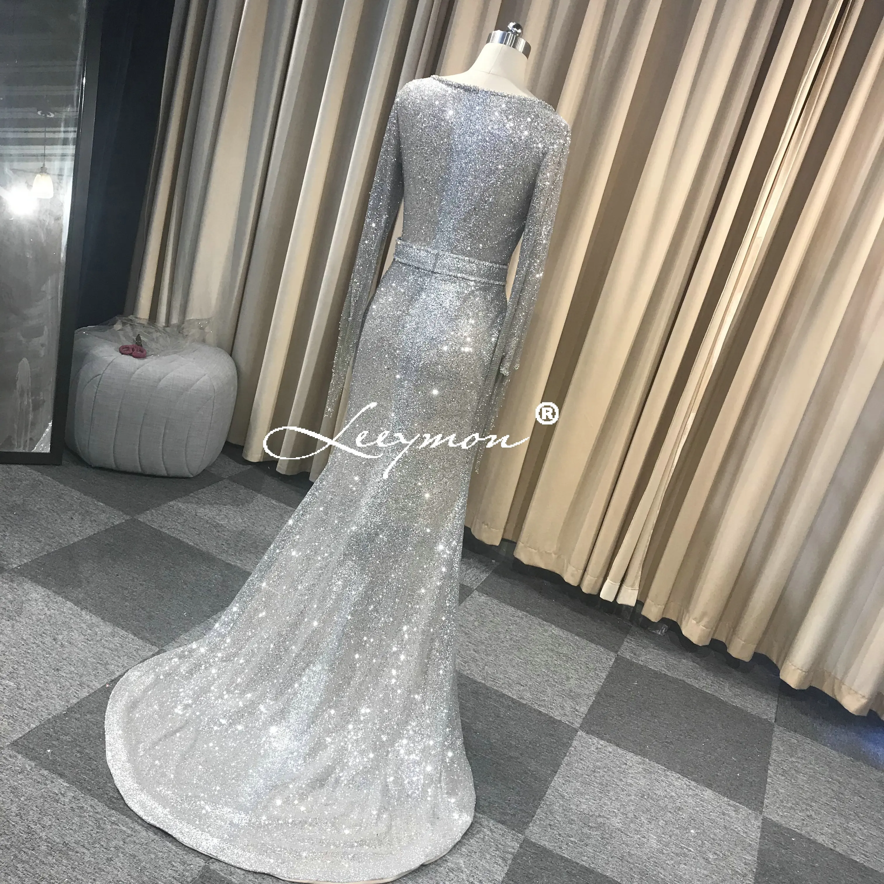Leeymon 2019 на заказ Серебряный Русалка блеск вечернее платье с длинными рукавами