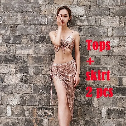 2 pieces set Женские костюмы для танца живота, сексуальный комплект из 2 предметов(топ+ юбка), одежда для Танцовщица, расшитая блестками,, DWY1835 - Цвет: 2 pieces set