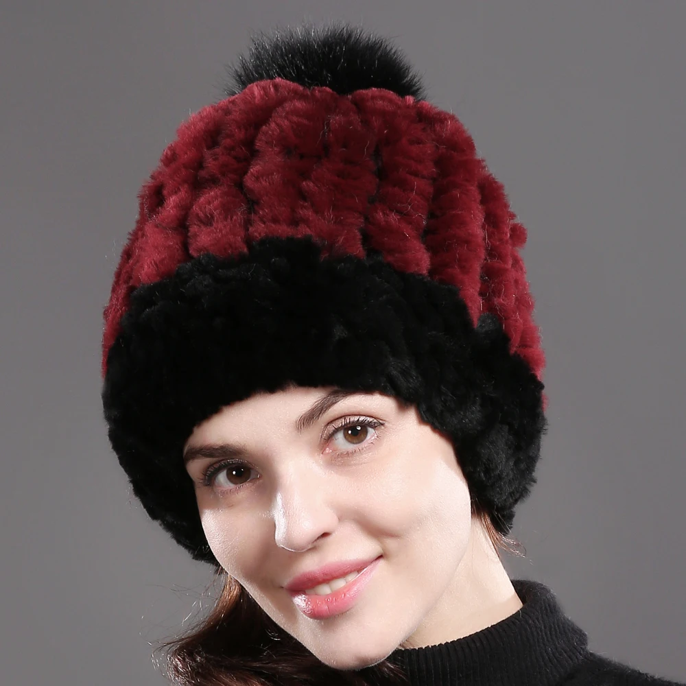 DIY хорошо тянутся натуральный шапка из меха кролика Рекс женская зимняя теплая