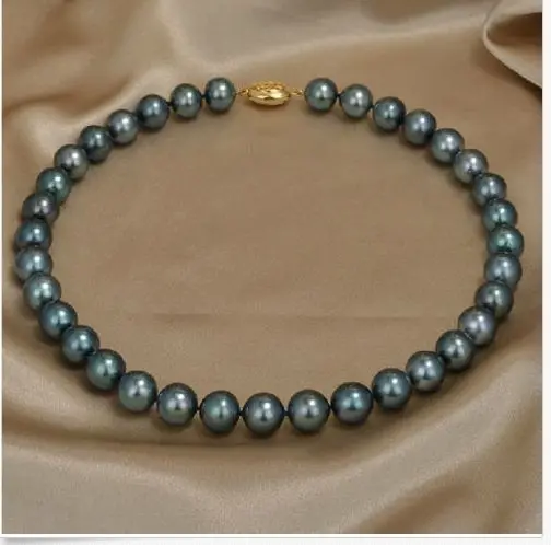

stunning 10-11mm tahitian black green pearl necklace 19inch925s